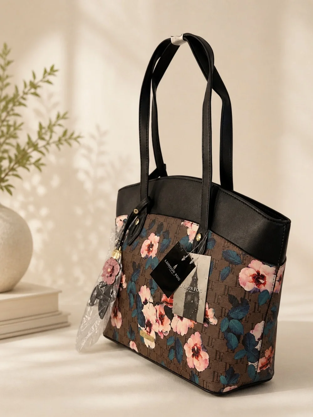 London Fog Floral Logo Tote Bag Brown Black Gold Large Shoulder Handbag